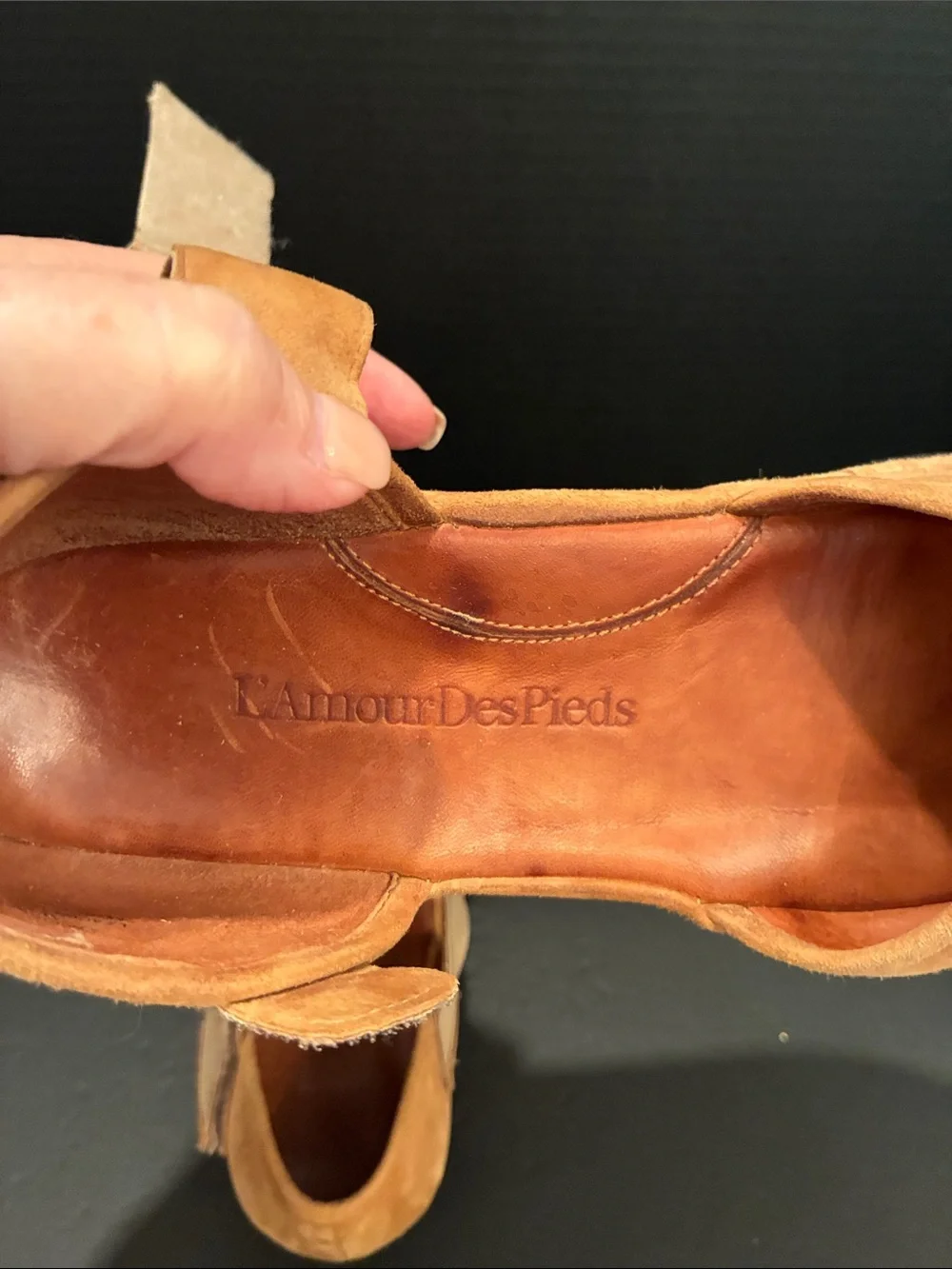 L'Amour Des Pieds Amadour platform sandal in tan suede.  Open Toe/Mary Jane